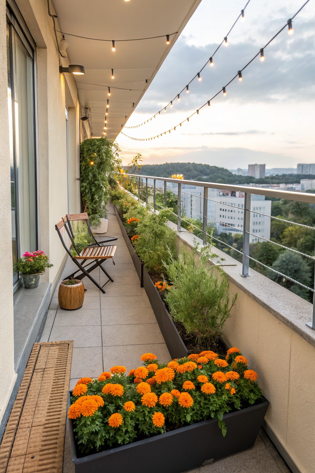 Long narrow balcony with black rectangular planters overflowing with orange marigolds along the edge, wooden folding chairs, potted plants, string lights overhead, and distant cityscape view.