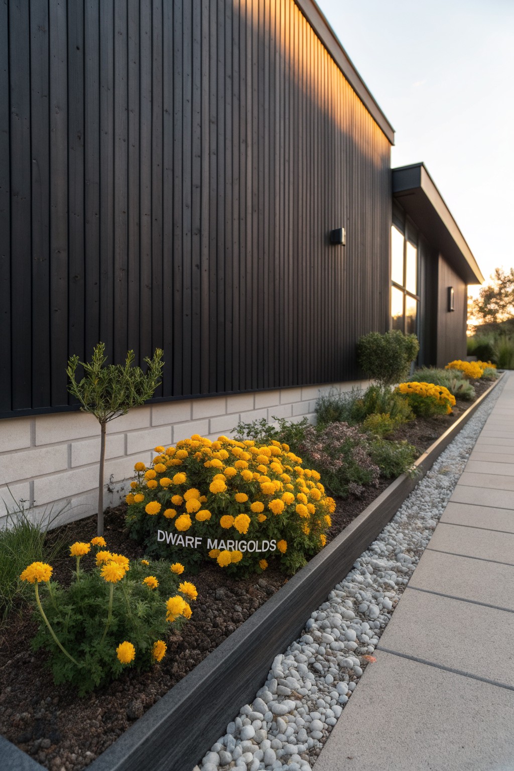 Black wood-clad modern house exterior with white brick base and a raised linear flower bed planted with clusters of dwarf marigold flowers, gravel mulch, small shrubs, and adjacent paved walkway.