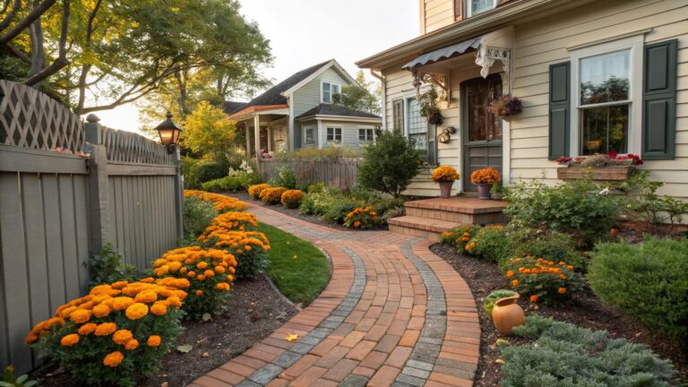 Curved red brick pathway edged with orange marigold flowers, green shrubs, boxwoods, a metal lantern, stone borders, and iron fence next to a white clapboard house and wooden picket fence.