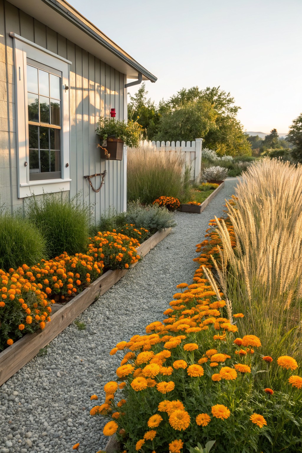 Gravel pathway bordered by raised wooden planters filled with orange marigolds on one side and tall ornamental grasses on the other, next to a light gray shed with a white window and hanging planter.