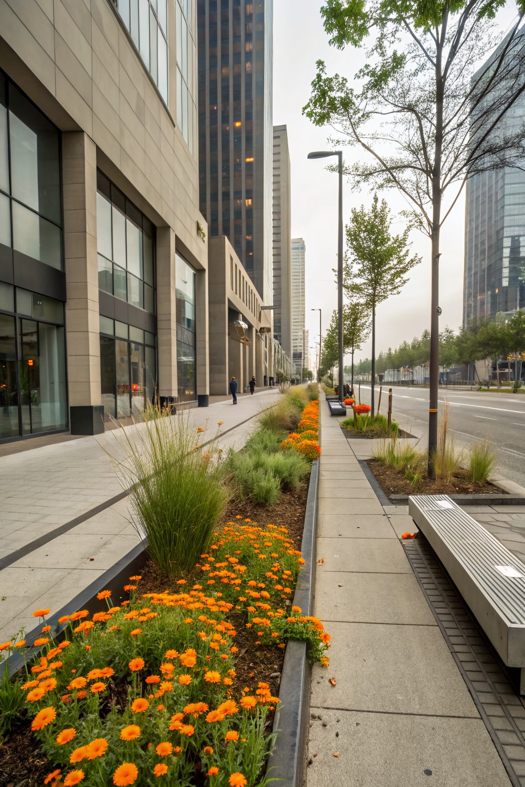 Urban sidewalk with raised planting beds of orange marigolds and ornamental grasses along the edge, benches nearby, tall buildings and trees in the background.