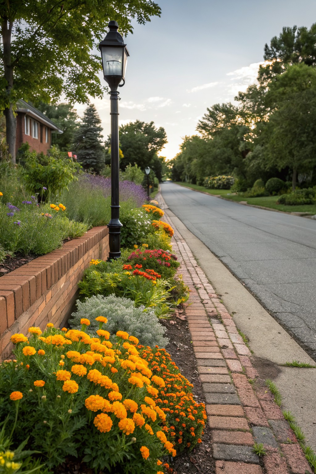 Low brick retaining wall along a sidewalk edged with dense orange marigold plantings, mixed flowers including purple blooms and yellow daisies, a black metal lamppost, trees, and houses in the background on a partly cloudy evening.