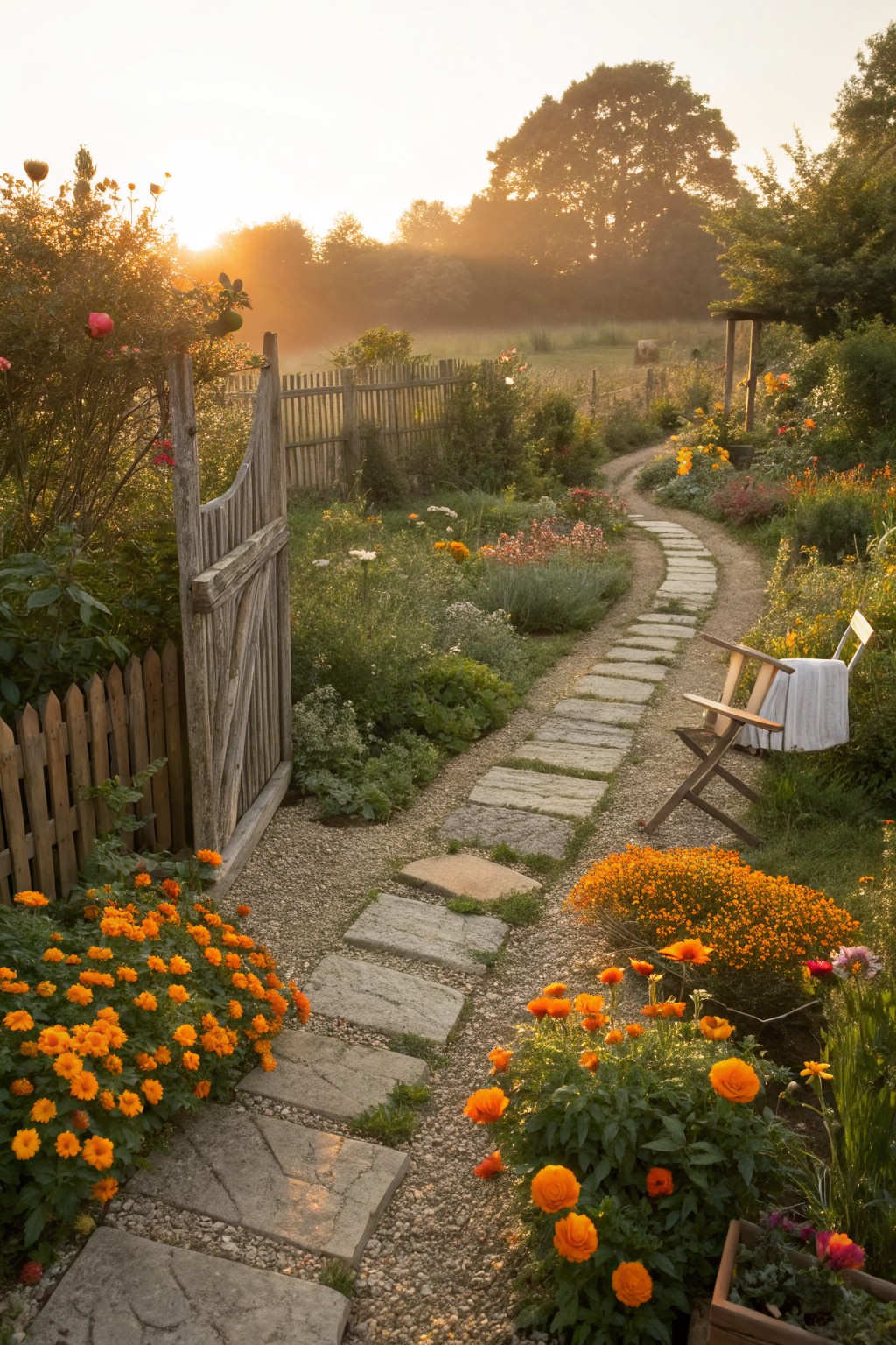 A winding flagstone path through a flower garden bordered by dense orange marigolds and mixed perennials, with a rustic open wooden gate, picket fence, and a wooden chair draped in white cloth nearby.