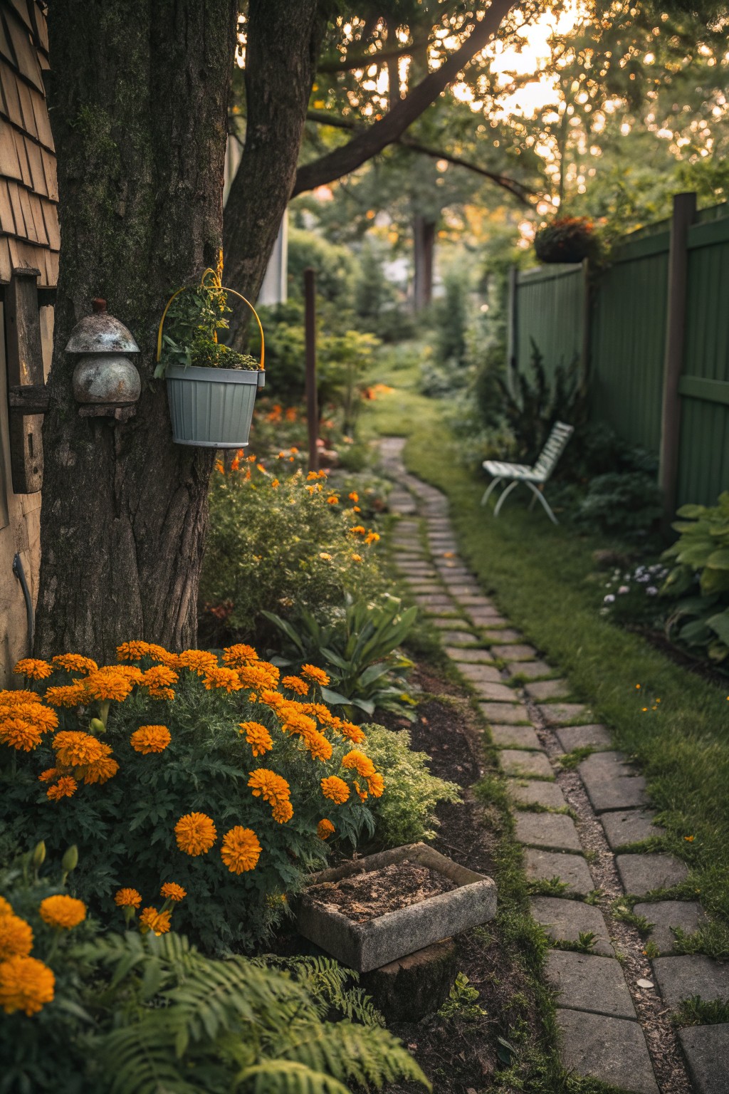A winding path of irregular stone pavers through a garden, bordered by dense orange marigold plantings, ferns, and other greenery, with a large tree, hanging planter, and distant white chair by a green fence.