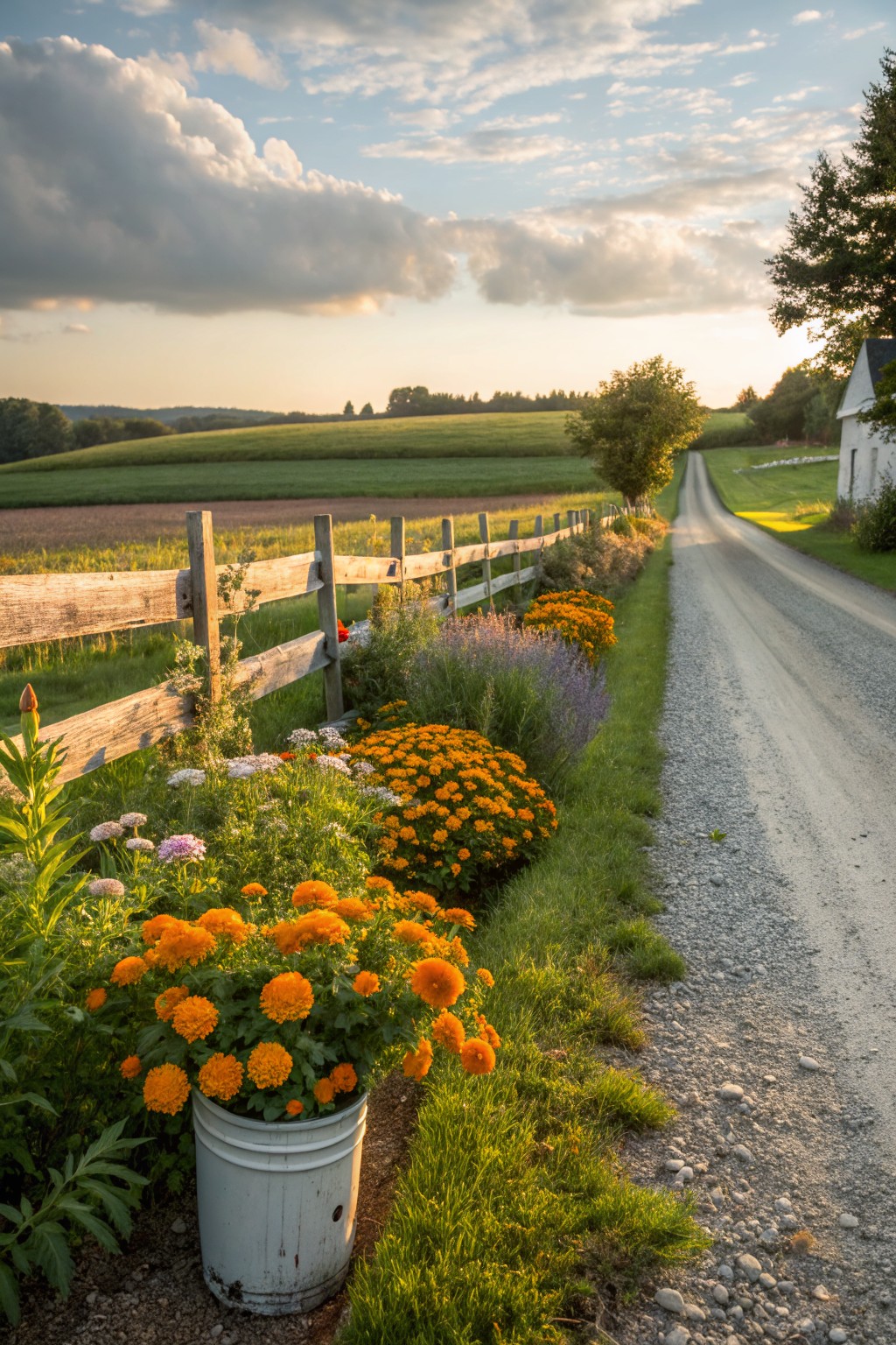 Gravel road bordered by split-rail wooden fence and flower beds with orange marigolds, lavender, and other plants, adjacent to green fields, trees, and a small white house under a partly cloudy sky.
