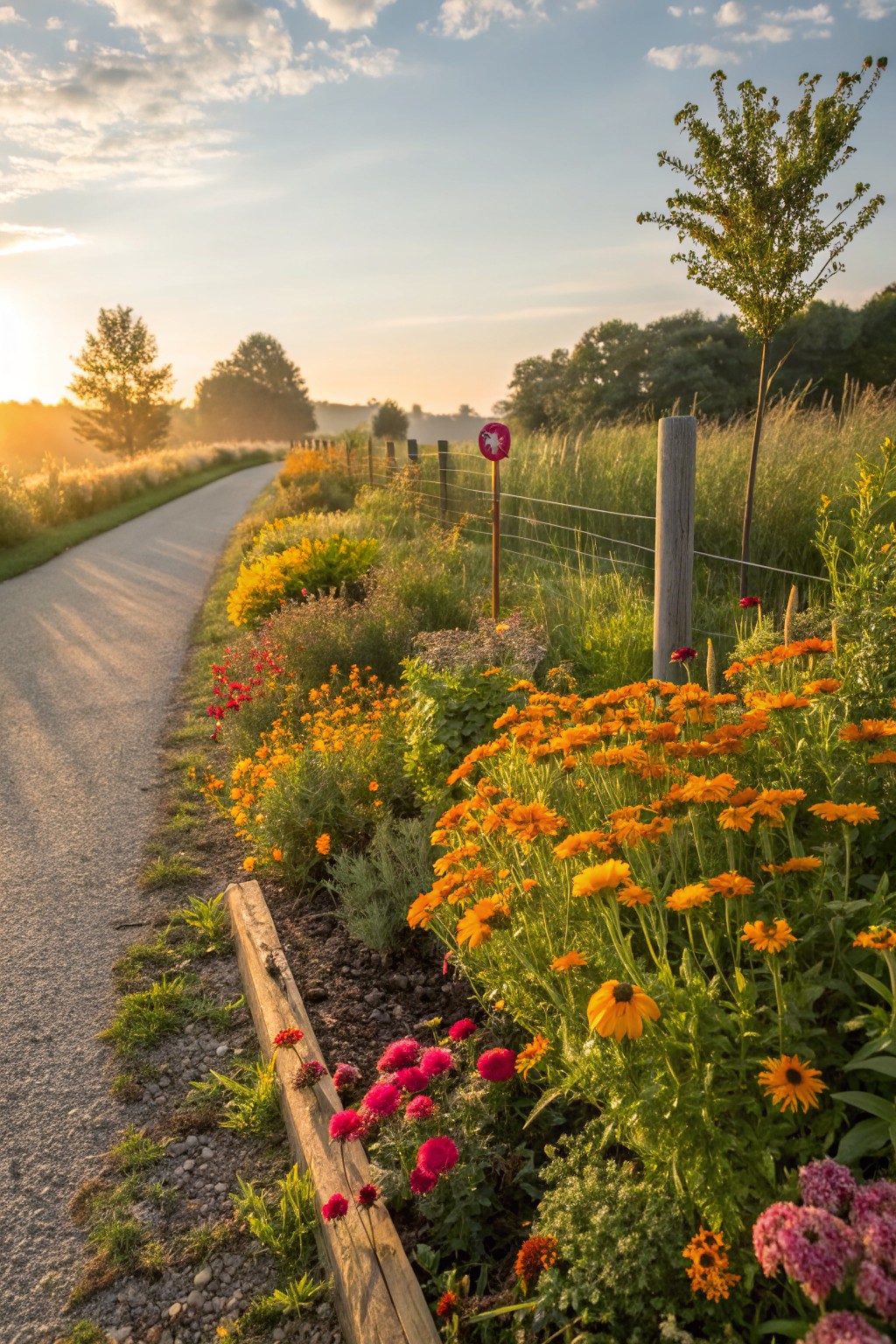 Gravel path beside a wooden-edged flower bed overflowing with orange marigolds, red and pink flowers, grasses, and a wire fence under a partly cloudy sunset sky.