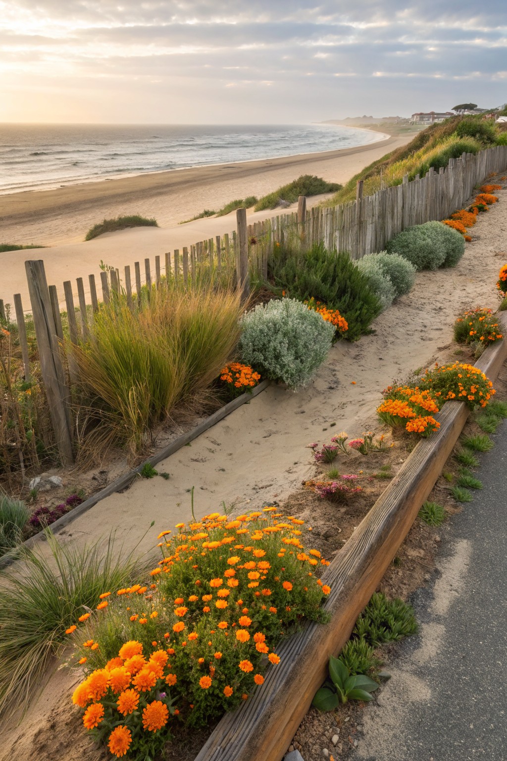 A sandy path bordered by wooden edging and filled with clusters of orange marigold flowers, grasses, and shrubs, running parallel to a beach with ocean waves and distant cliffs at sunset.