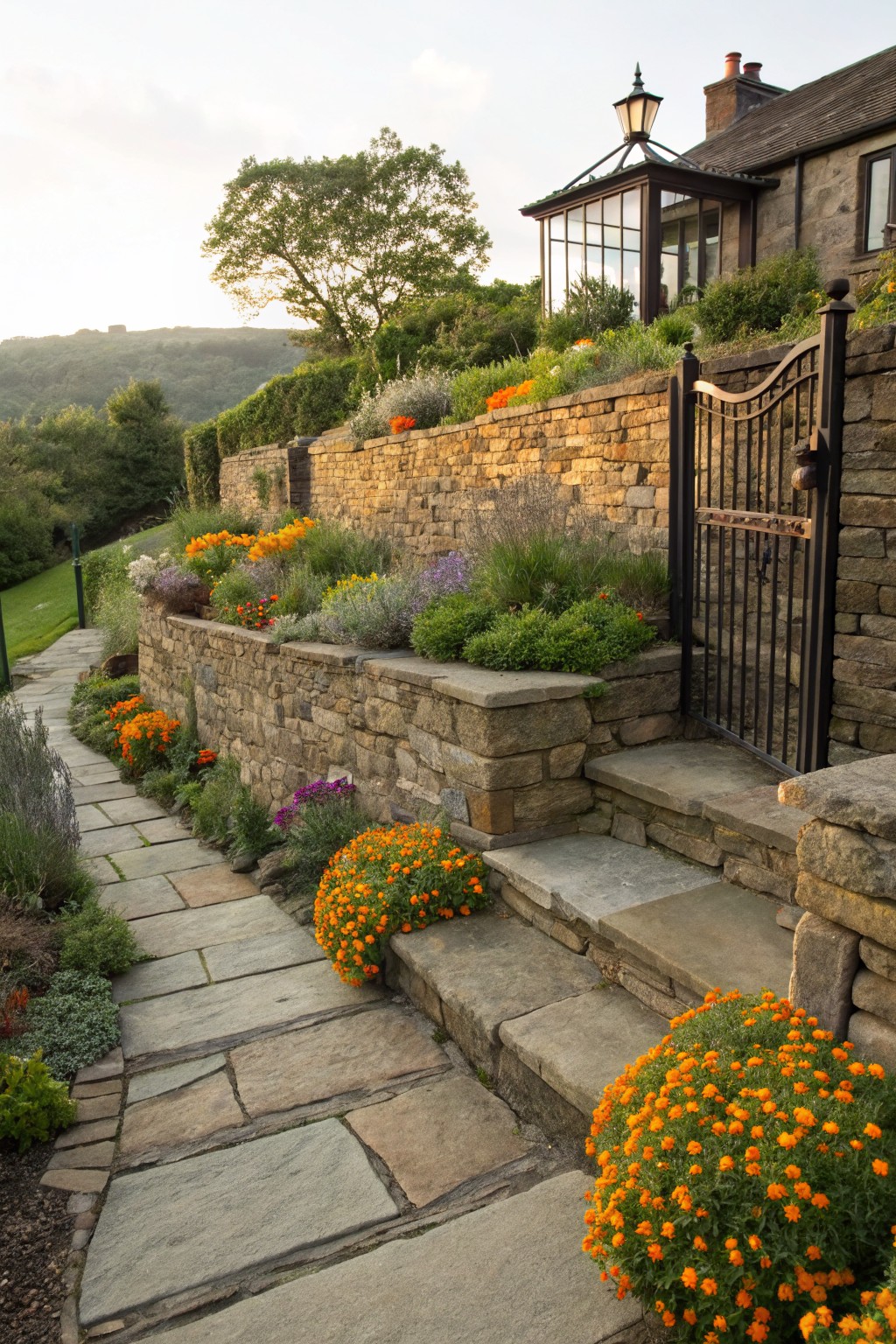 Terraced stone walls planted with orange marigolds and other flowers along a flagstone path leading to a wrought iron gate beside a stone house on a green hillside.