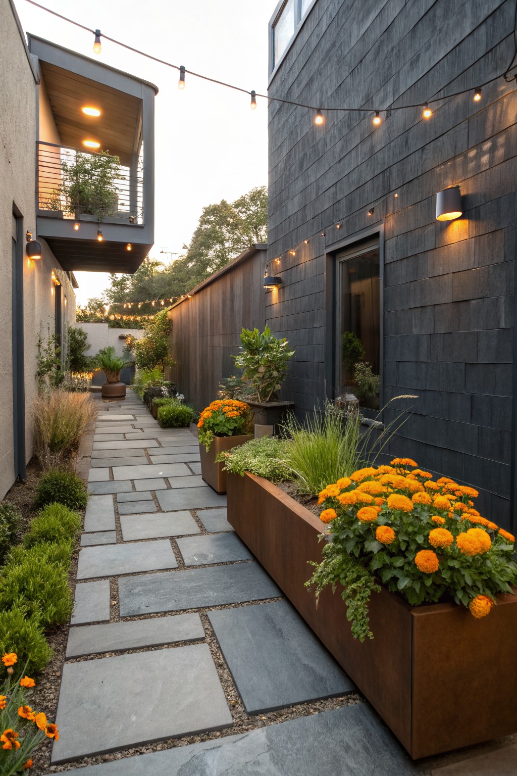 Narrow stone-paver pathway between dark shingled buildings, lined with tall rectangular metal planters overflowing with orange marigold flowers and grasses, string lights overhead and plants along the edges.