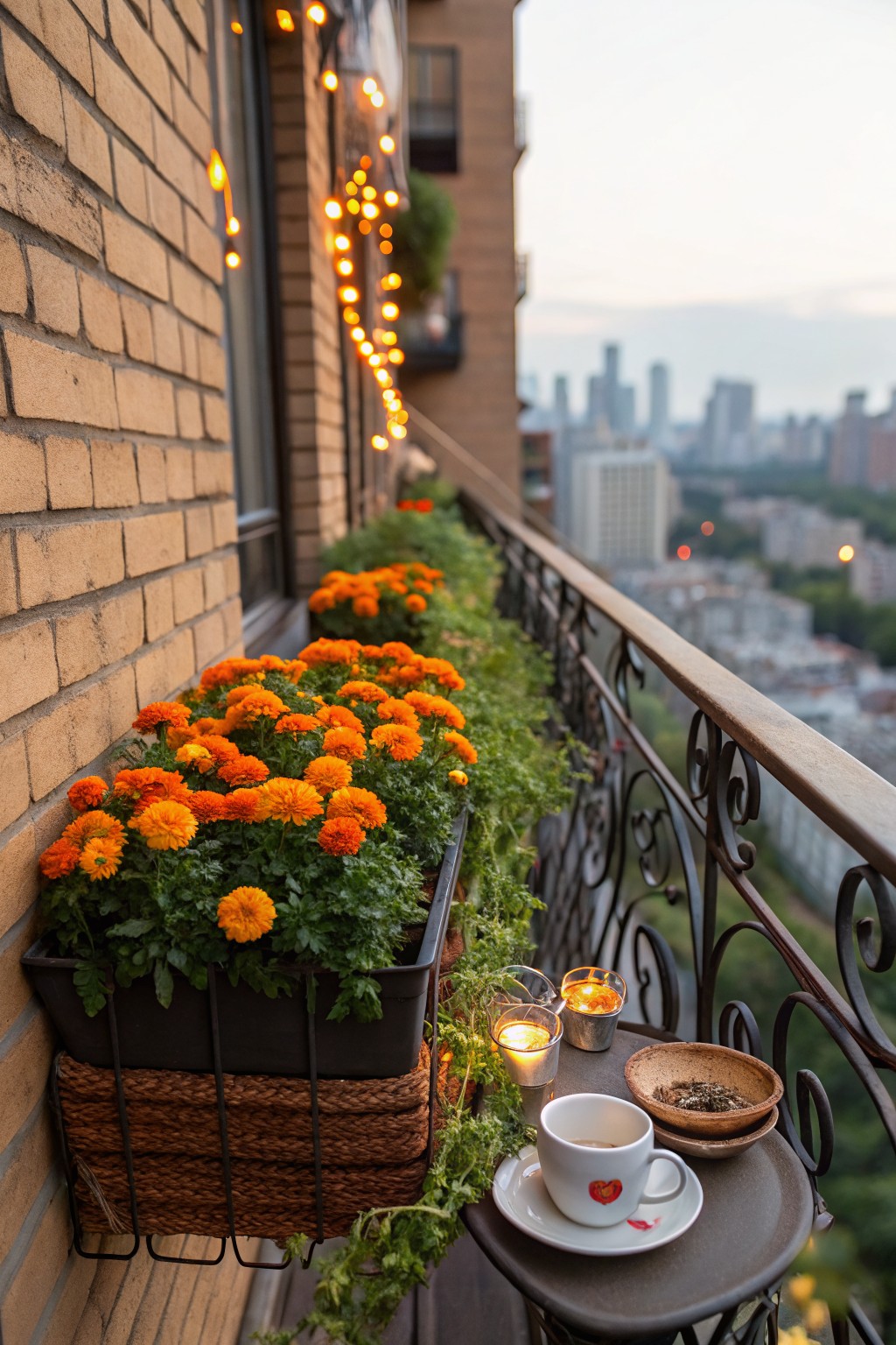 Balcony railing with orange marigold plants in black planters secured by rope baskets, small round table holding white teacup with saucer, candle holders, incense bowl, string lights along brick wall, city skyline at dusk.