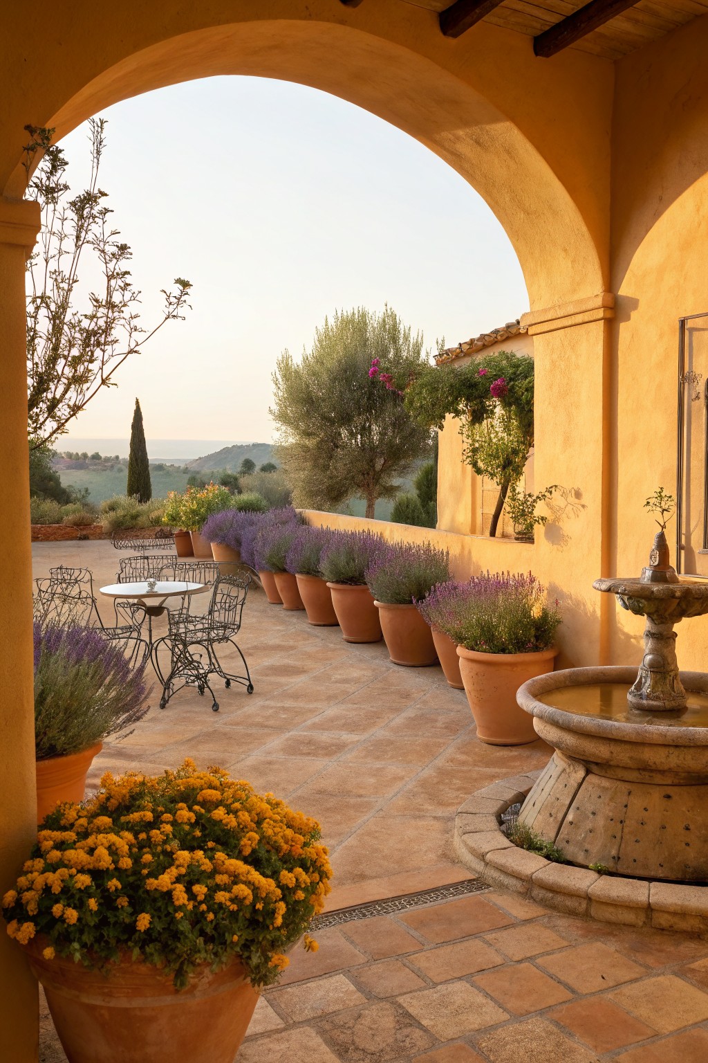 Terrace area framed by an ochre archway with wrought-iron table and chairs, rows of potted lavender plants along the wall, large terracotta pots of orange marigolds, a stone fountain, tiled flooring, and hillside views in the background.