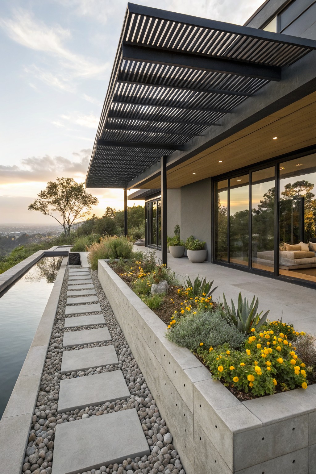 Side view of modern gray house with thin infinity-edge pool, raised concrete planter beds filled with yellow marigolds, succulents, and grasses along a pebble stepping stone path, black slatted pergola overhead, and large glass sliding doors to terrace overlooking hills at sunset.