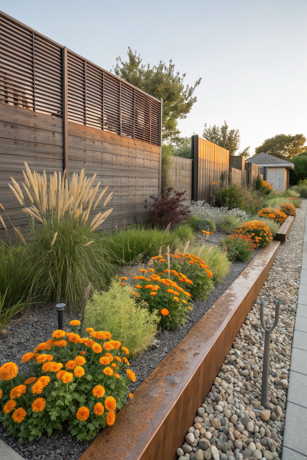 Garden border path edged with corten steel raised beds filled with orange marigold plants and grasses, gravel ground cover, wooden slatted fences, and tall pampas grass in evening light.