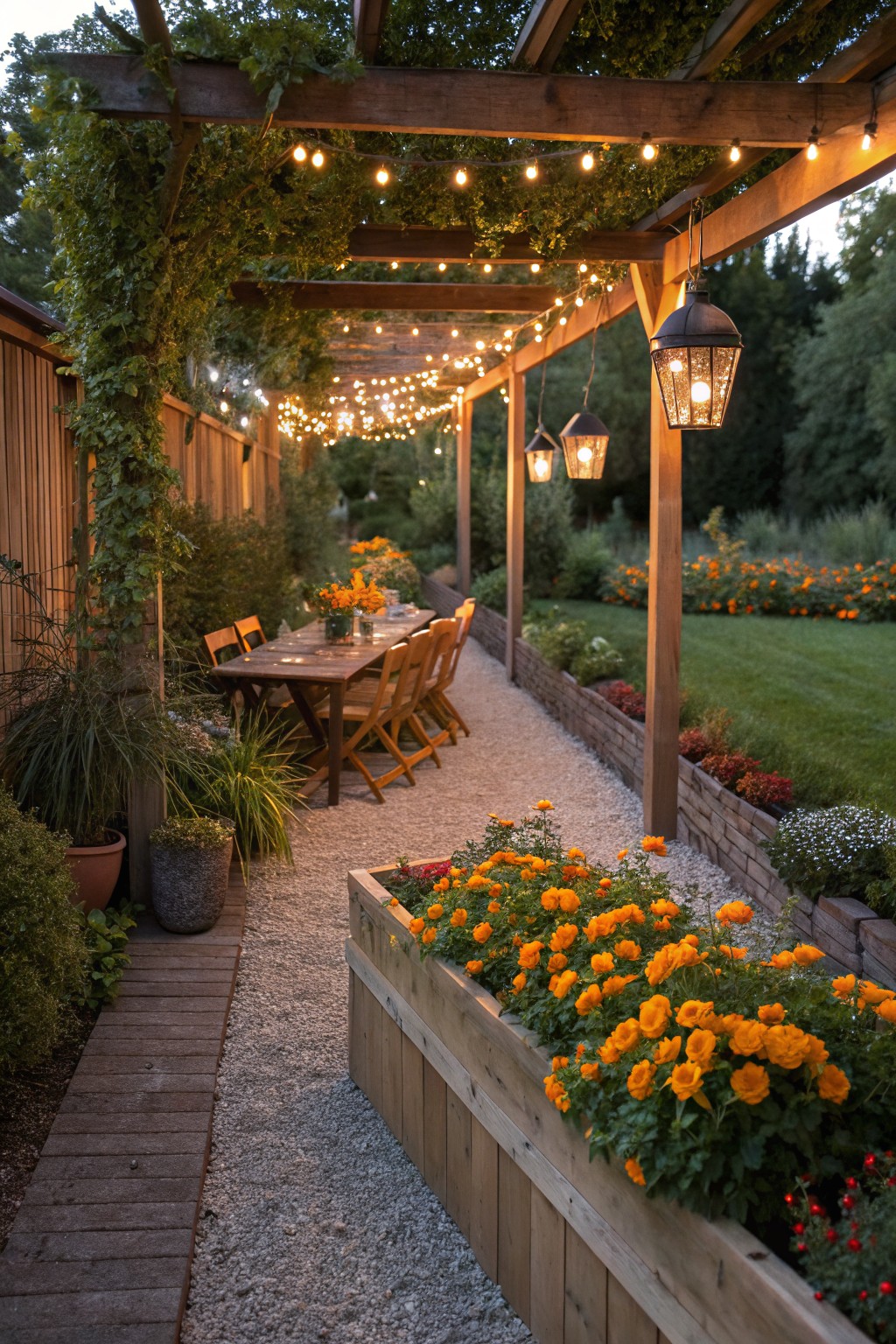 A vine-draped wooden pergola strung with lights and lanterns over a long dining table with chairs, beside a gravel path edged by a raised wooden planter overflowing with orange marigolds, brick walkway, potted plants, and bordered garden beds.