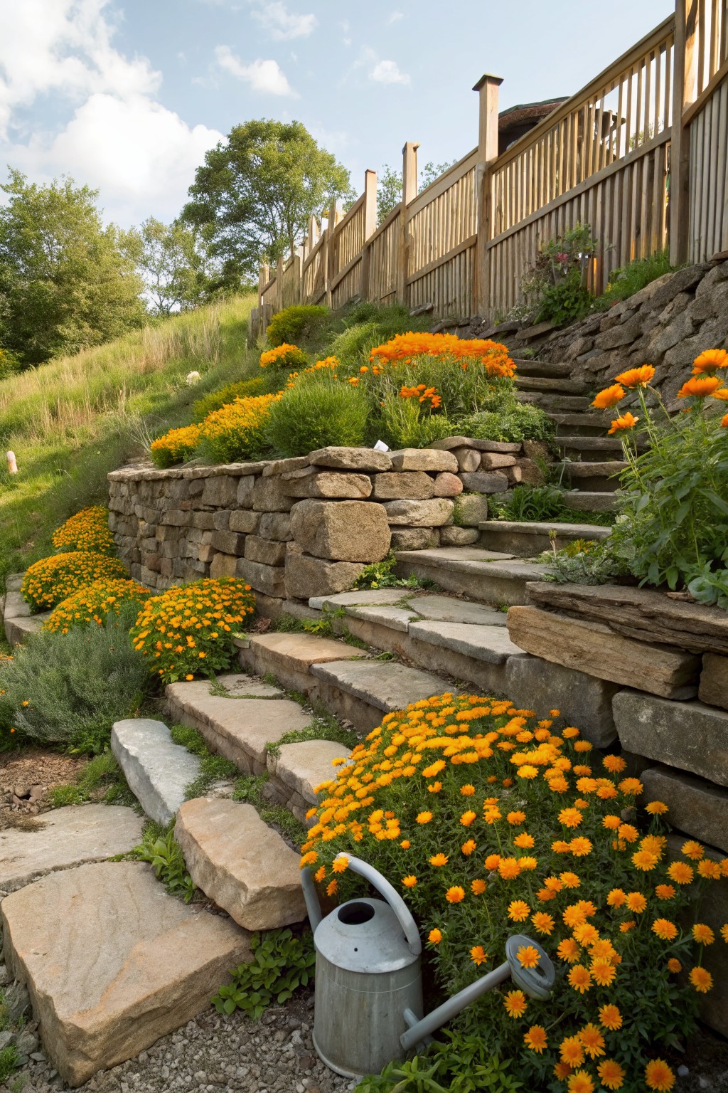 Sloped garden featuring clusters of orange marigold flowers along dry-stacked stone retaining walls and flagstone steps, with a metal watering can at the bottom, wooden fence uphill, and trees in the background.