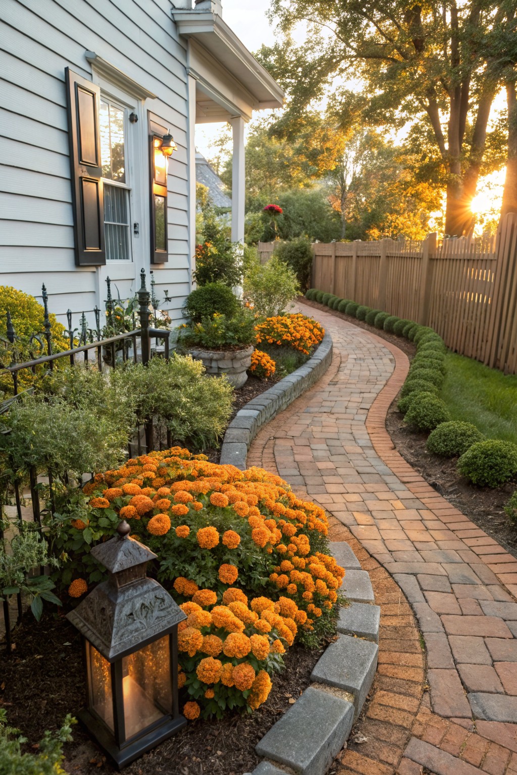 Curved red brick pathway edged with orange marigold flowers, green shrubs, boxwoods, a metal lantern, stone borders, and iron fence next to a white clapboard house and wooden picket fence.