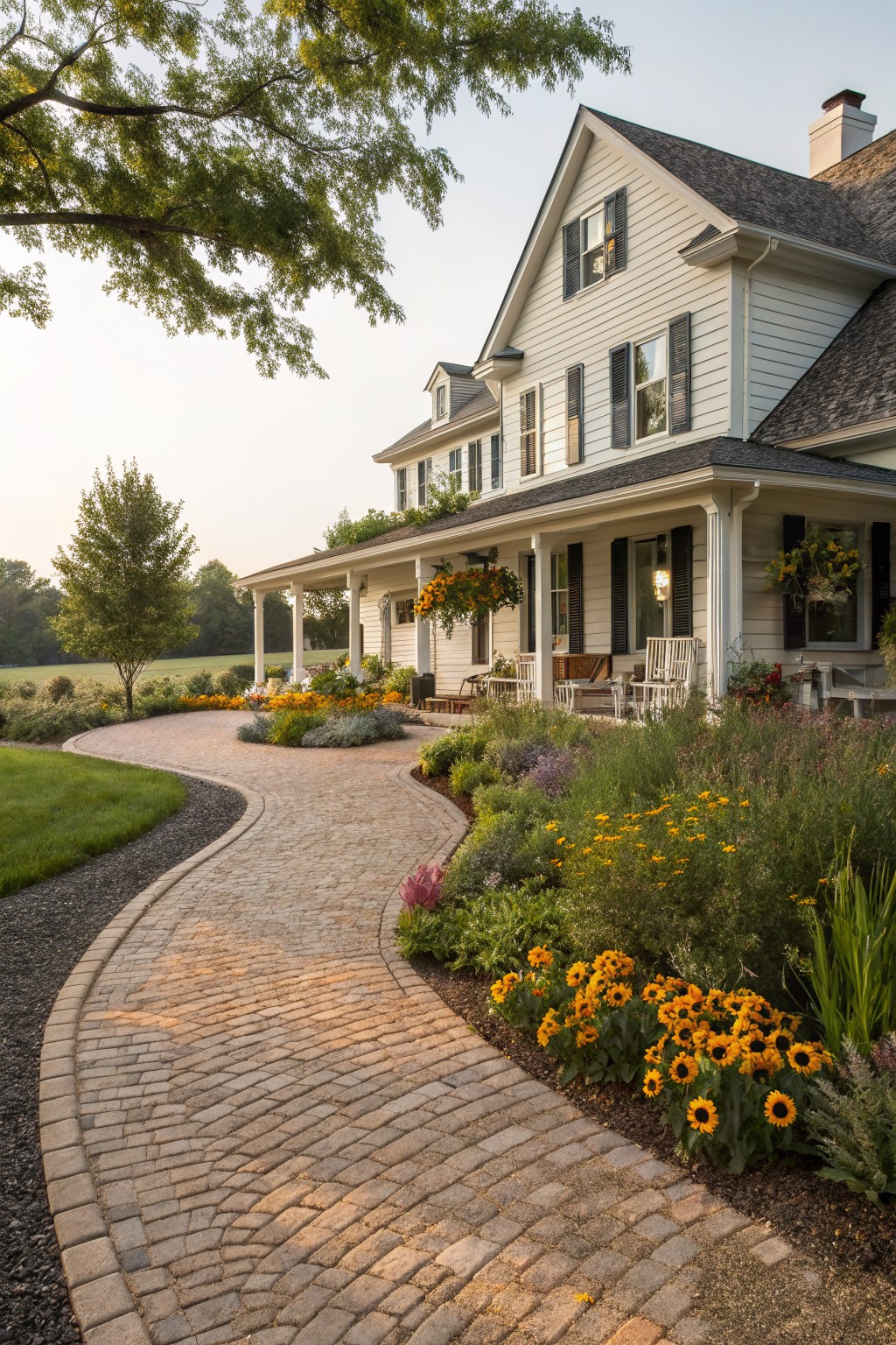 White clapboard house with wraparound porch and multiple windows, approached by a curving brick paver pathway edged with flower beds of sunflowers, ornamental grasses, and perennials, bordered by gravel and lawn in a rural front yard at sunset.