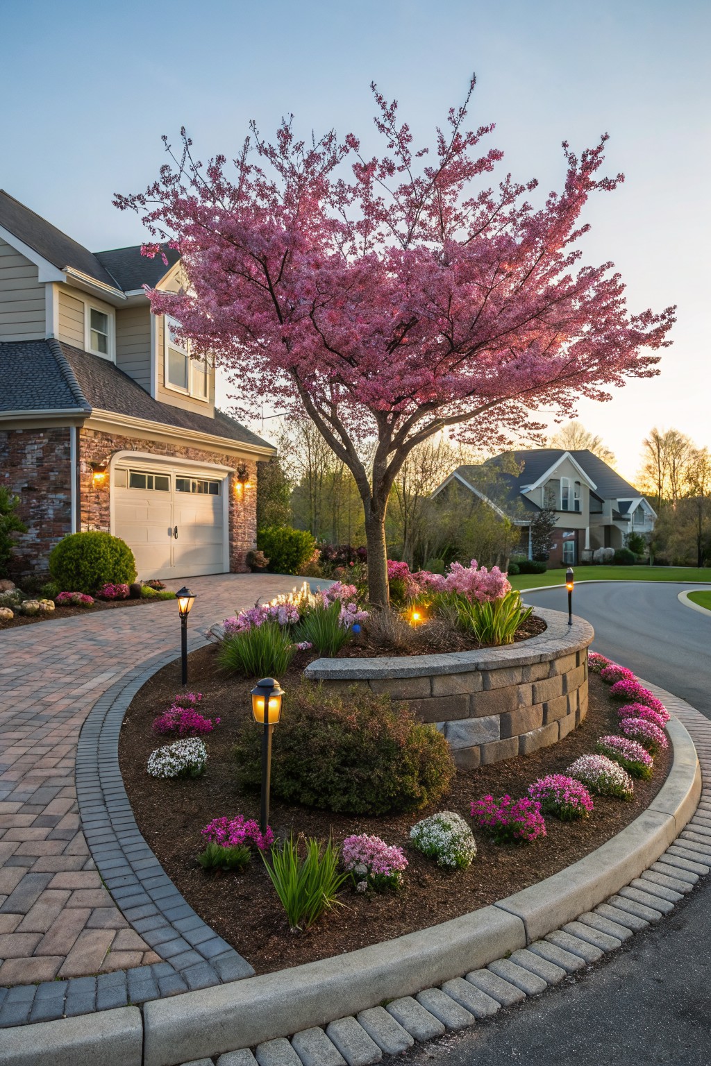 Curved driveway in front of a beige house with brick garage, edged by raised stone wall planter bed filled with pink flowers, green shrubs, and a central pink-flowering cherry tree, plus paver walkway and landscape lamps at dusk.