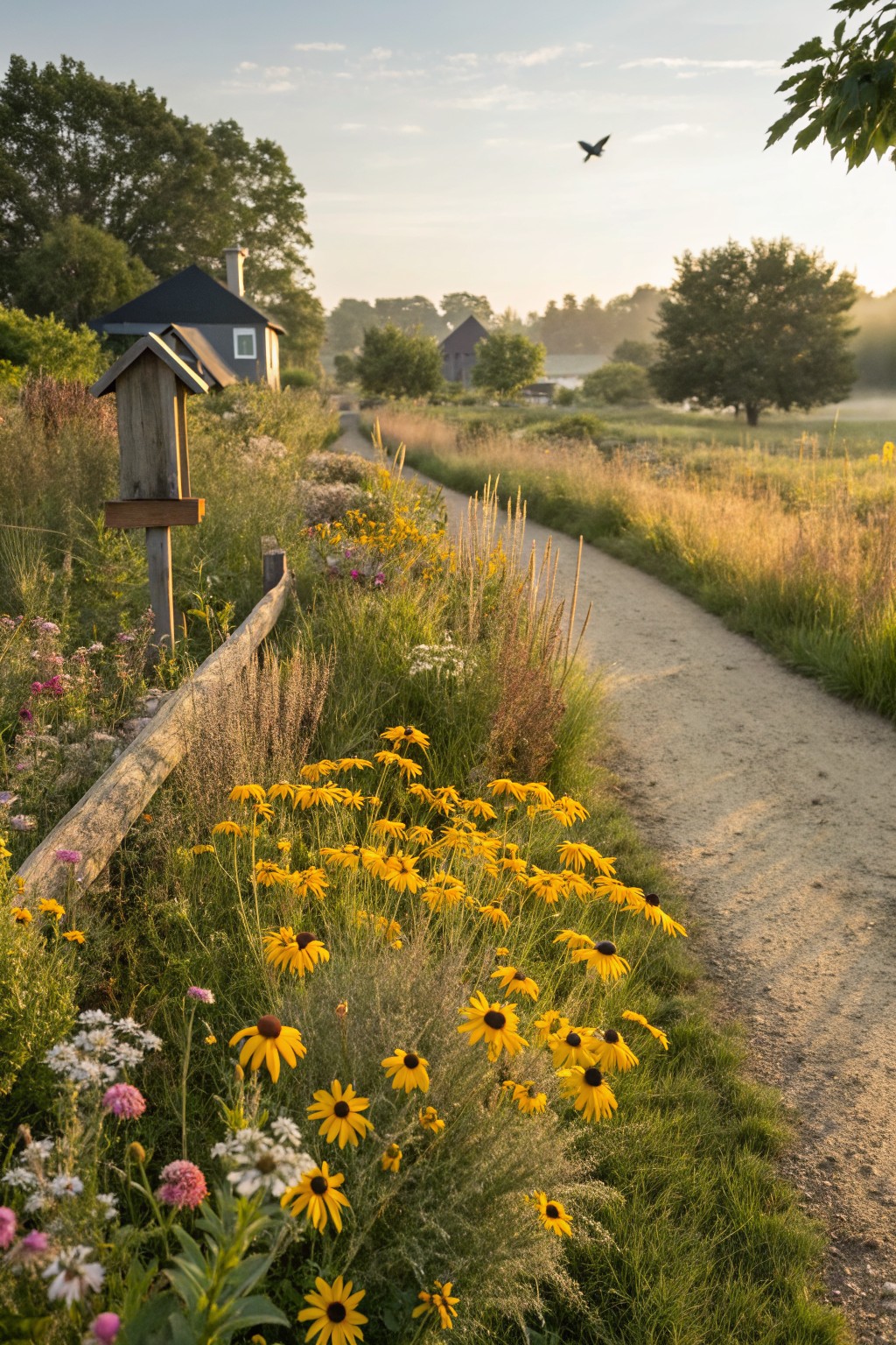 Gravel path winding through tall wildflowers dominated by black-eyed Susans, bordered by wooden split-rail fence and post-mounted birdhouse, with small house, trees, and bird in misty morning light.