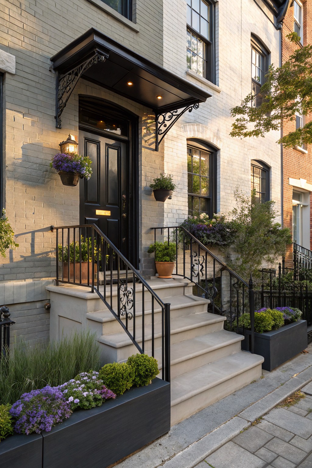 Gray brick rowhouse facade with black front door under an awning, flanked by stone steps with black wrought iron railings, black rectangular planters at the base filled with purple and white flowers, hanging baskets, and potted plants along the railings.
