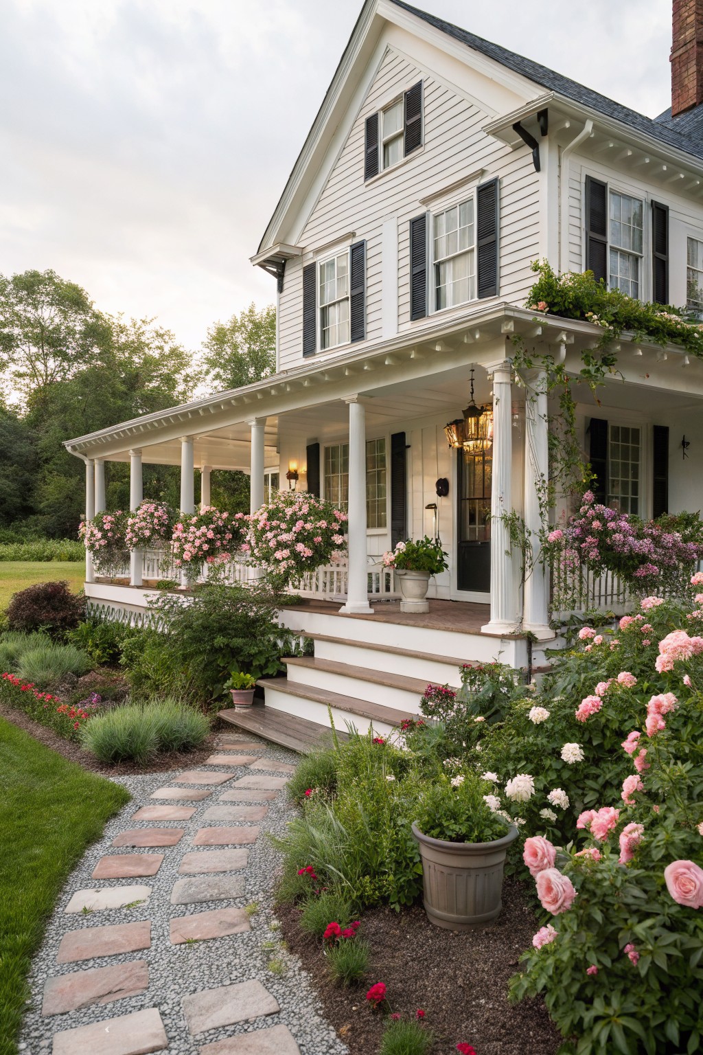White clapboard house with wraparound porch, railings lined with hanging baskets of pink flowers, pink rose bushes in beds along brick pathway leading to steps.