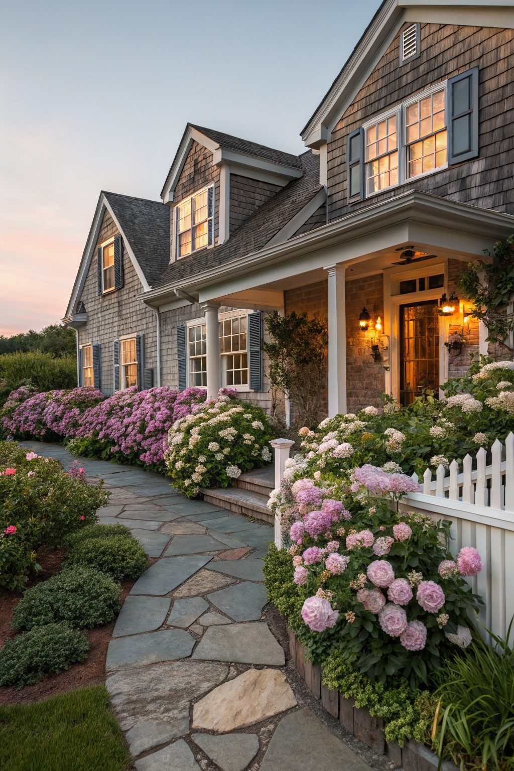 Curved flagstone pathway lined with pink and white hydrangea bushes and shrubs leading to the front porch of a shingle-style house at dusk.