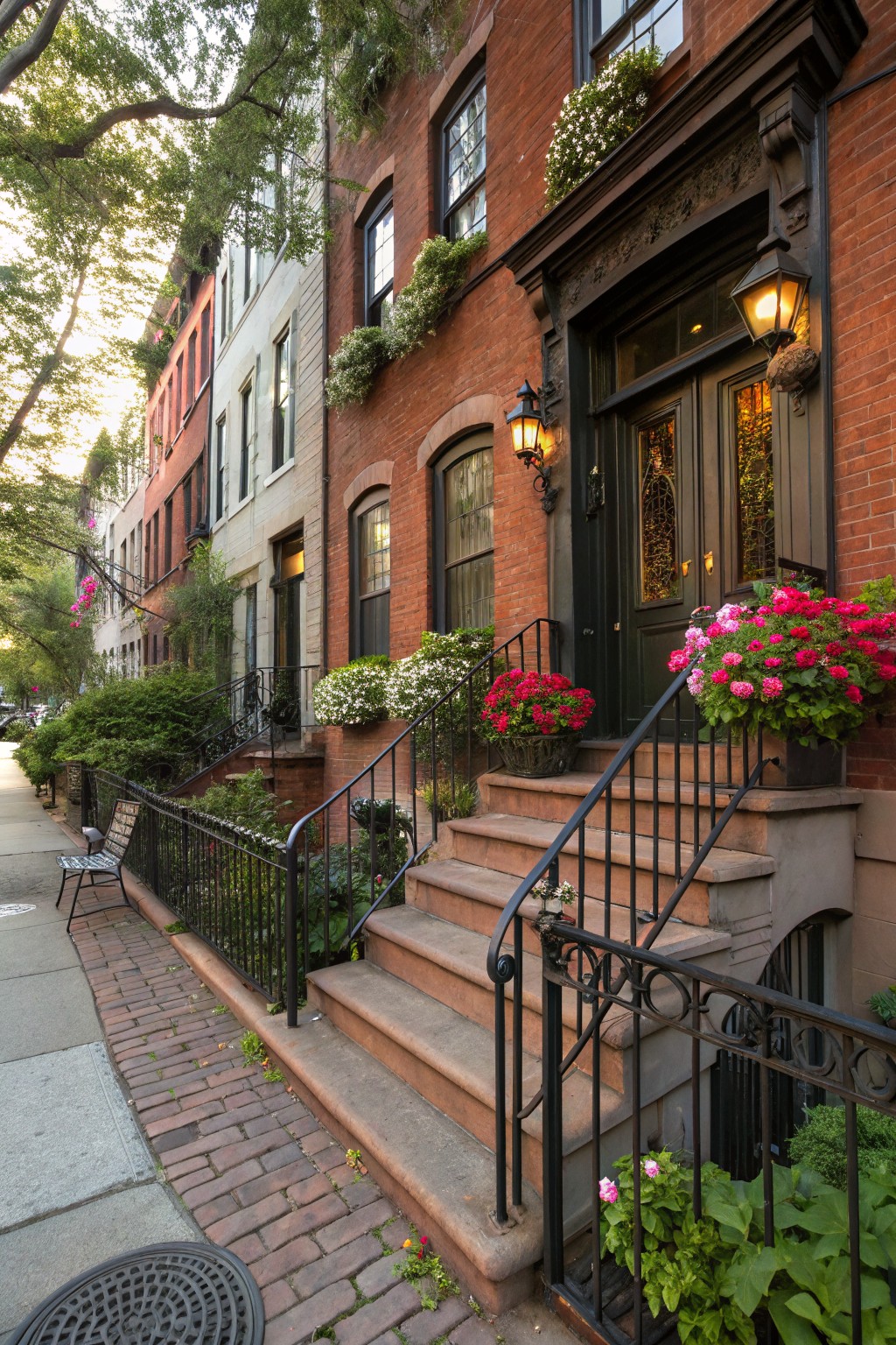 Red brick row houses with front stoops featuring black iron railings, flower boxes on windows, hanging planters with pink and white blooms, potted flowers on steps, and small gardens along the sidewalk on a tree-lined brick street.