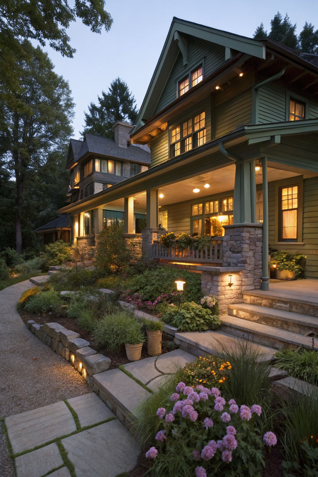 Two-story green shingled house with porch and lit windows at dusk, stone pathway edged by flower beds with pink blooms, grasses, shrubs, and landscape lights leading to front steps.