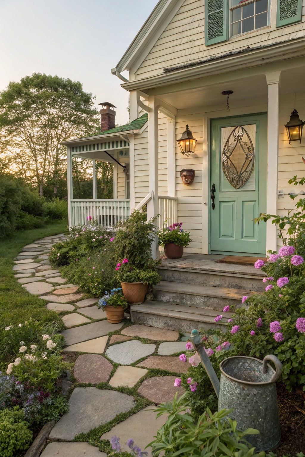 Cream clapboard house with green front door and porch, approached by curving flagstone path lined with pink flowers, potted plants, shrubs, and a metal watering can near the steps.