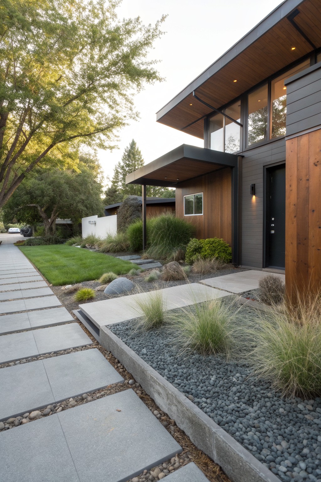 Contemporary house facade with dark wood siding and a covered entry, viewed alongside a gray paver pathway bordered by black gravel beds containing ornamental grasses and boulders, next to a green lawn strip.