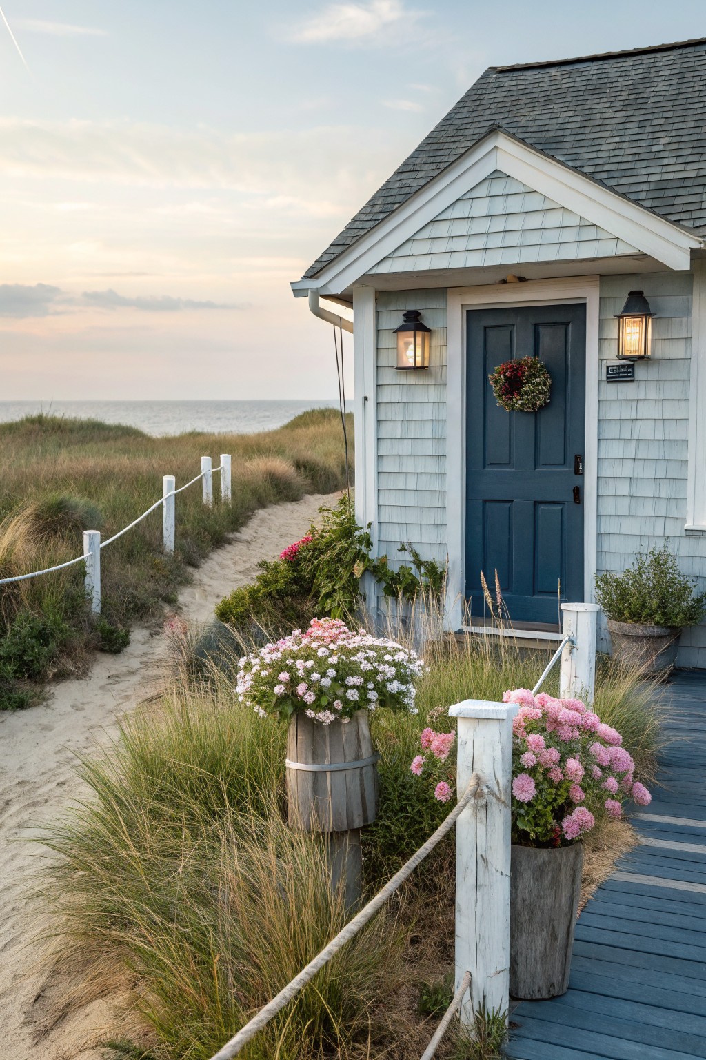 Light blue shingled beach house with dark blue front door, lantern lights, and evergreen wreath, surrounded by dune grasses and pink-white flower clusters in barrels and pots along a sandy path edged by white rope fence leading from ocean dunes at sunset.