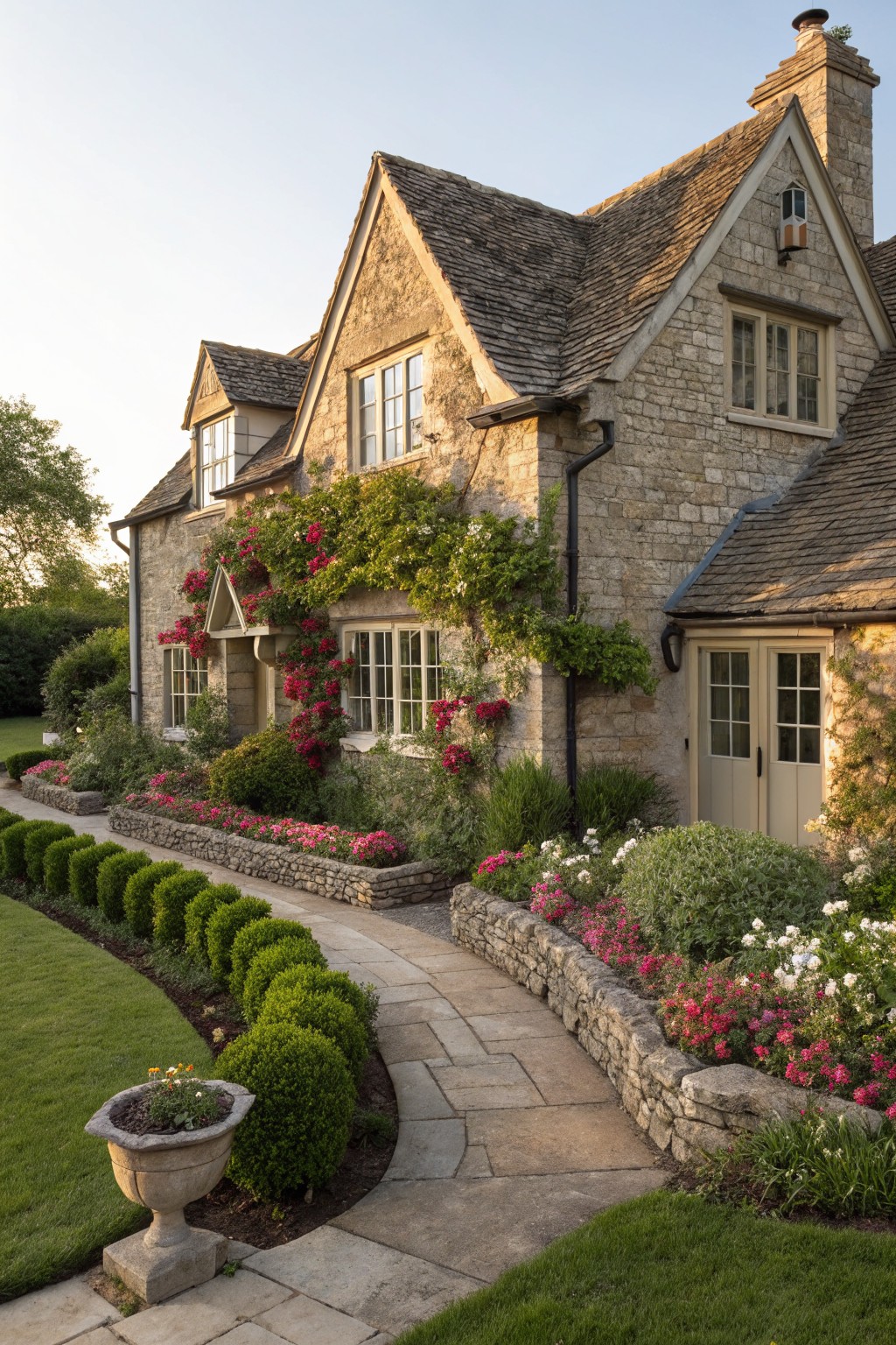 Stone cottage with beige stone walls and gabled roof, covered in climbing pink roses, flanked by flower beds and boxwood hedges along a curved stone pathway leading to double front doors.