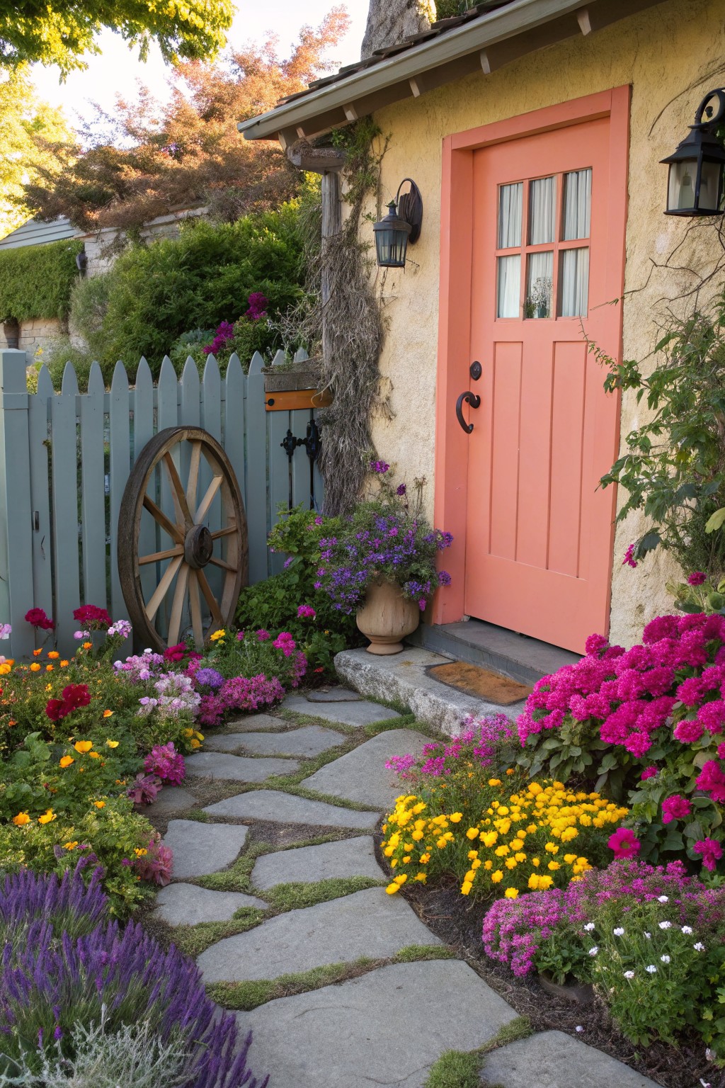 Peach-colored wooden front door with nine glass panes on a beige stucco cottage, approached by irregular flagstone path edged with dense colorful flower beds including lavender, marigolds, asters, and salvia, beside a gray picket fence and wooden wagon wheel.