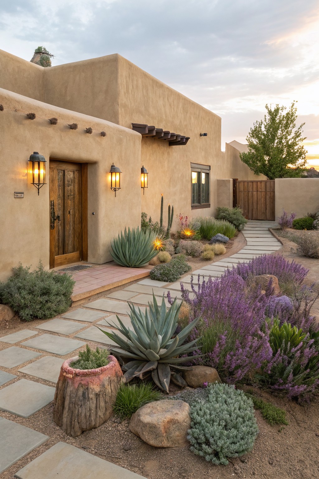 Tan adobe-style house exterior with wooden double door, wall lanterns, and a flagstone pathway curving through gravel garden beds planted with purple lavender, blue agave, succulents, and rocks toward the entry.
