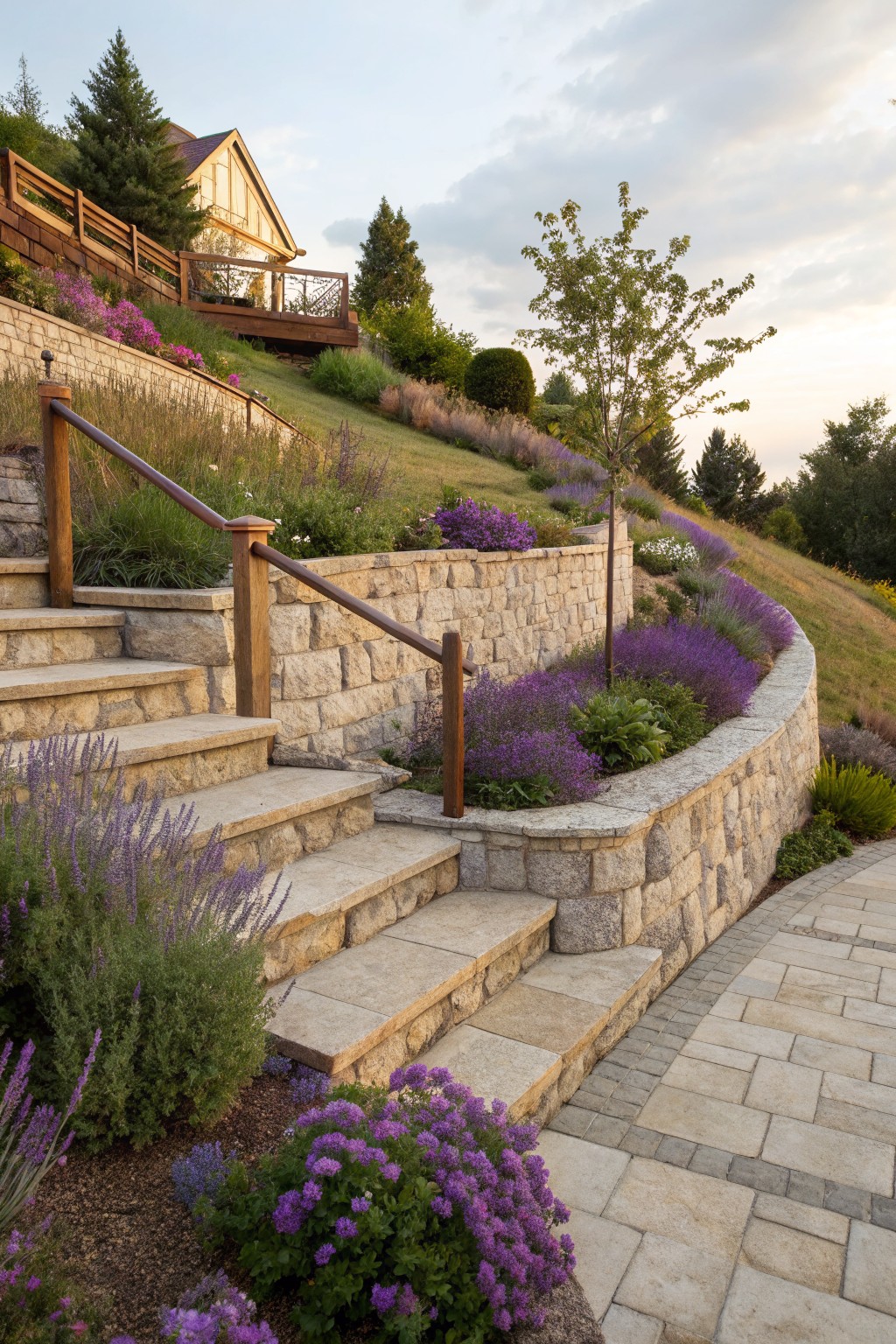 Stone steps with wooden handrails ascend a grassy slope flanked by stone retaining walls planted with lavender and other purple flowers, beside a paved path at the base.