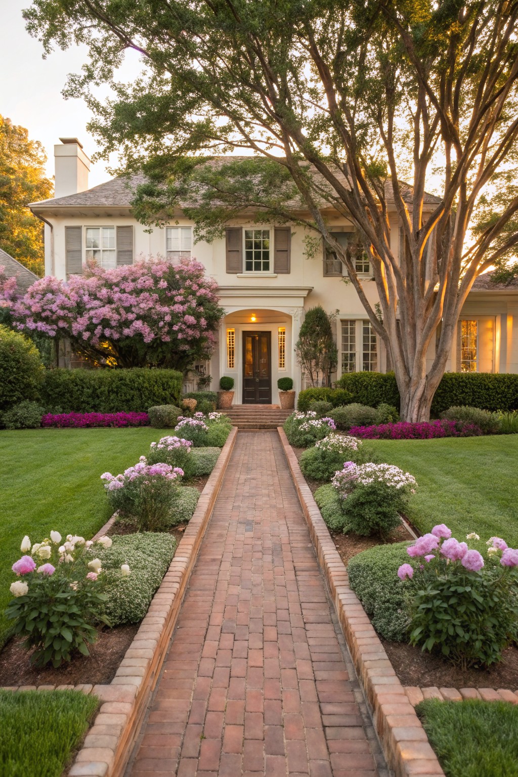 Beige two-story house with a straight brick pathway leading to the front door, bordered by symmetrical raised flower beds containing pink peonies, white blooms, green shrubs, and grass on both sides, with purple flowering trees and hedges nearby.