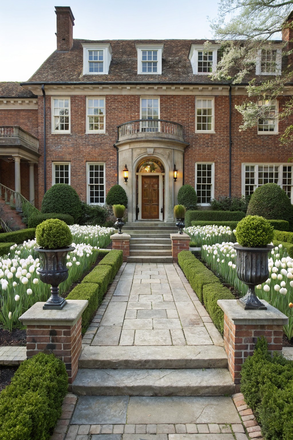 Symmetrical Tulip Beds Along the Entry Path