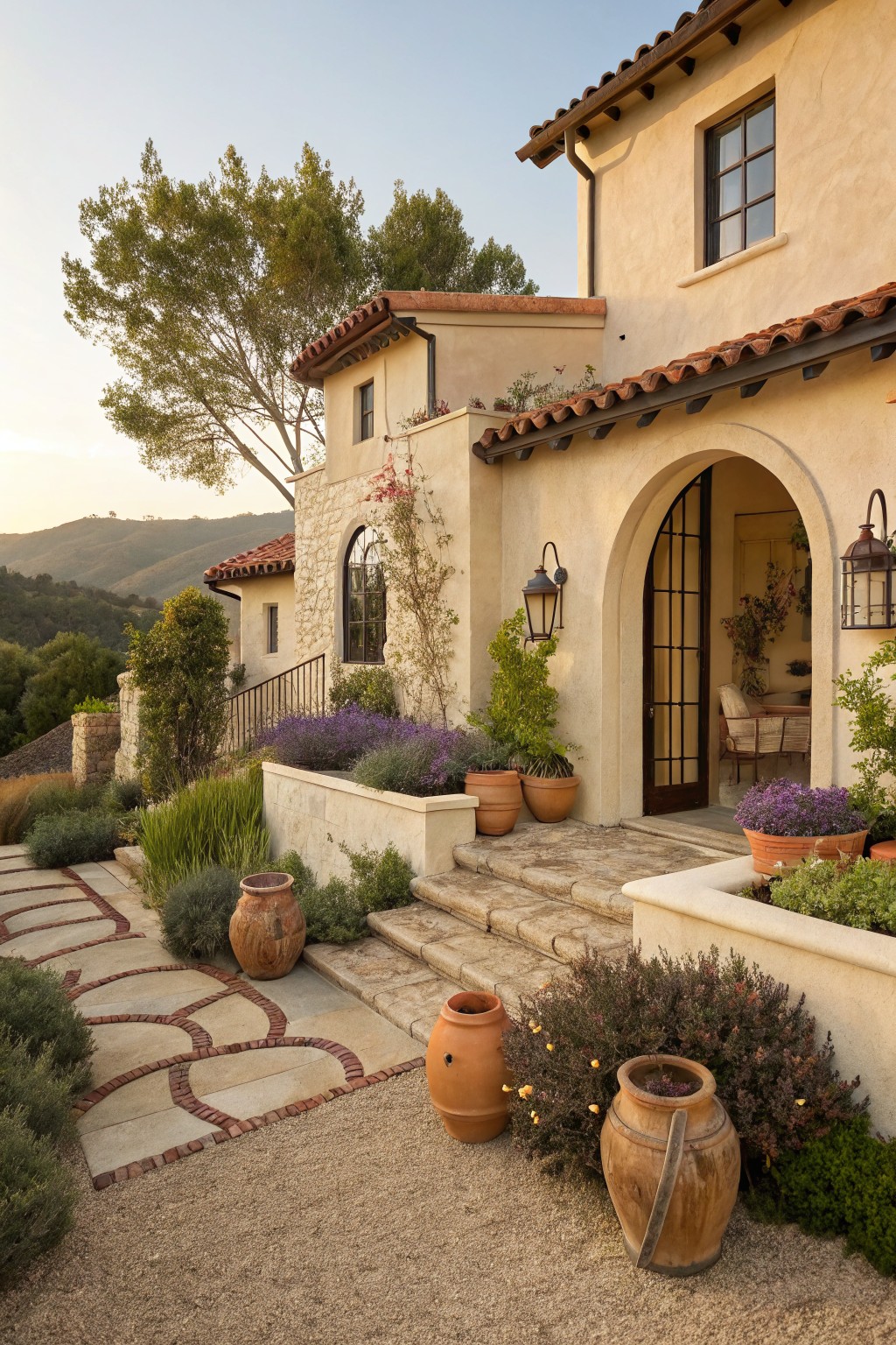 Beige stucco house exterior with red tile roof and arched iron door, stone steps and curving brick-edged path lined with large terracotta pots, lavender shrubs, and potted plants in front yard with hillside background.