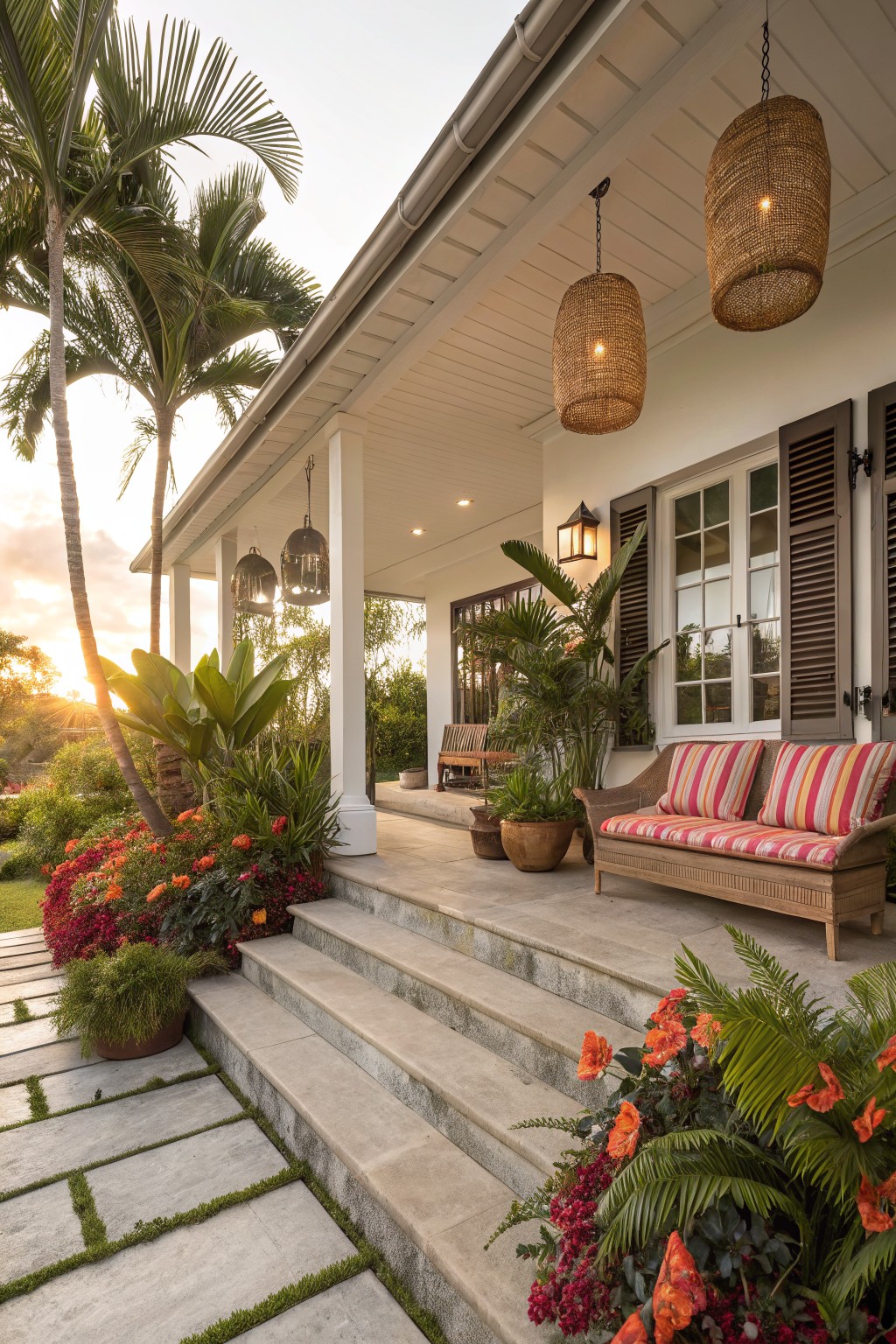 White house exterior with covered porch and concrete steps leading up, surrounded by palm trees, lush green plants, vibrant orange flower beds, potted plants, and rattan furniture on the porch at sunset.
