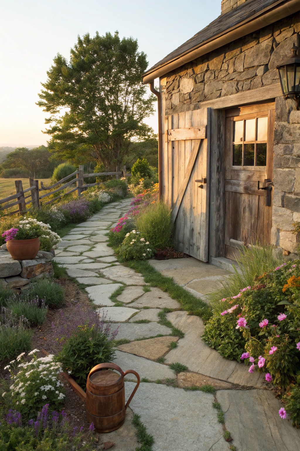 Rustic stone garage building with open wooden door and window, approached by winding flagstone path lined with colorful flower beds, potted plants, wooden watering can, and garden fence in a rural setting.