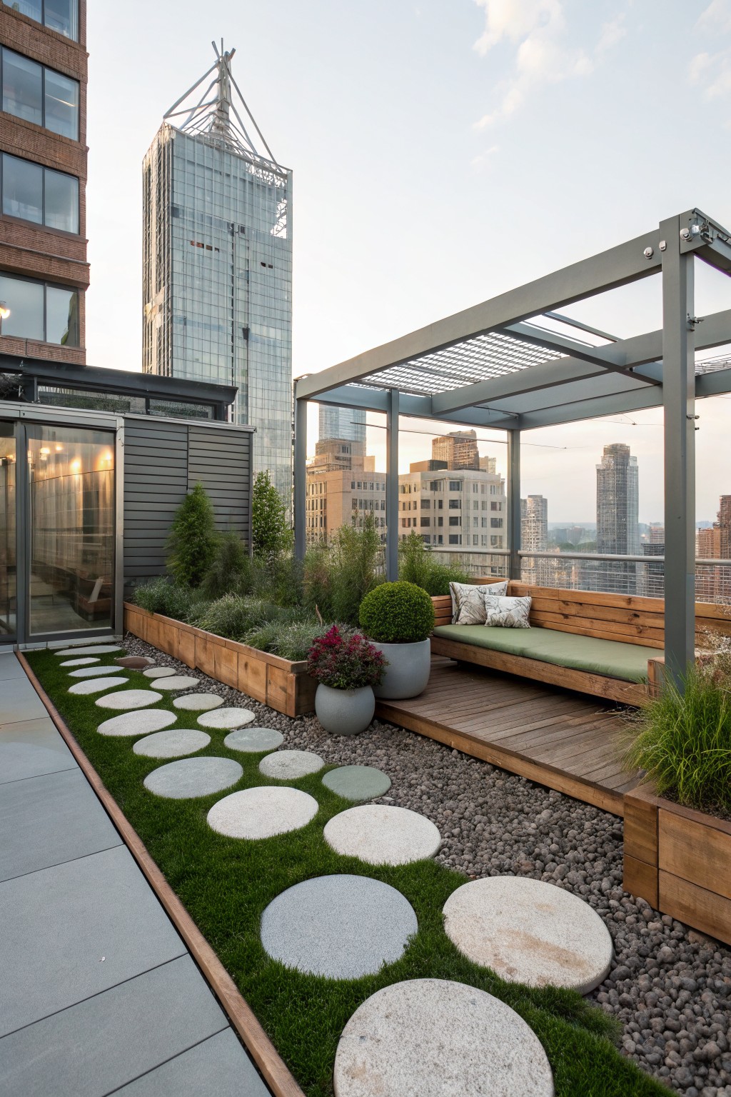 Rooftop terrace with a meandering path of circular gray and white stepping stones set in artificial grass, gravel, and wooden planters, leading to a cushioned wooden bench under a metal pergola with city high-rises visible.