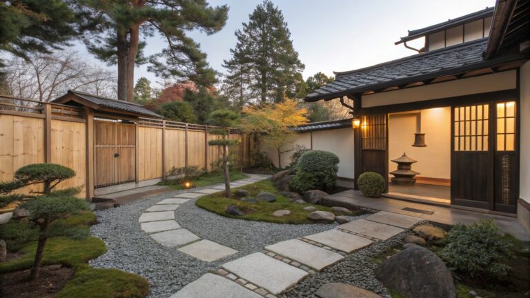 Zen rock garden with wooden fence and gate, stone lantern, bonsai trees, shrubs, large rocks, gravel mulch, moss patches, and irregular flat stepping stones forming a path beside a house wall.