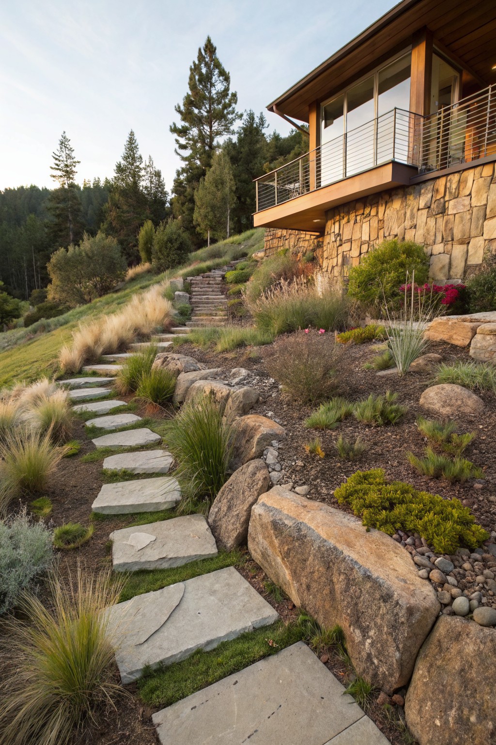 Winding path of irregular flat stone stepping stones through a hillside garden with large boulders, ornamental grasses, low shrubs, gravel mulch, and a modern house above.