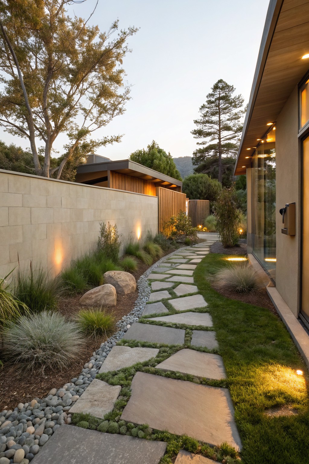 Winding path of irregular gray stone slabs set in gravel and grass edges alongside a beige stucco wall and wooden house exterior, with ornamental grasses, boulders, and low garden lights in a landscaped yard at evening.