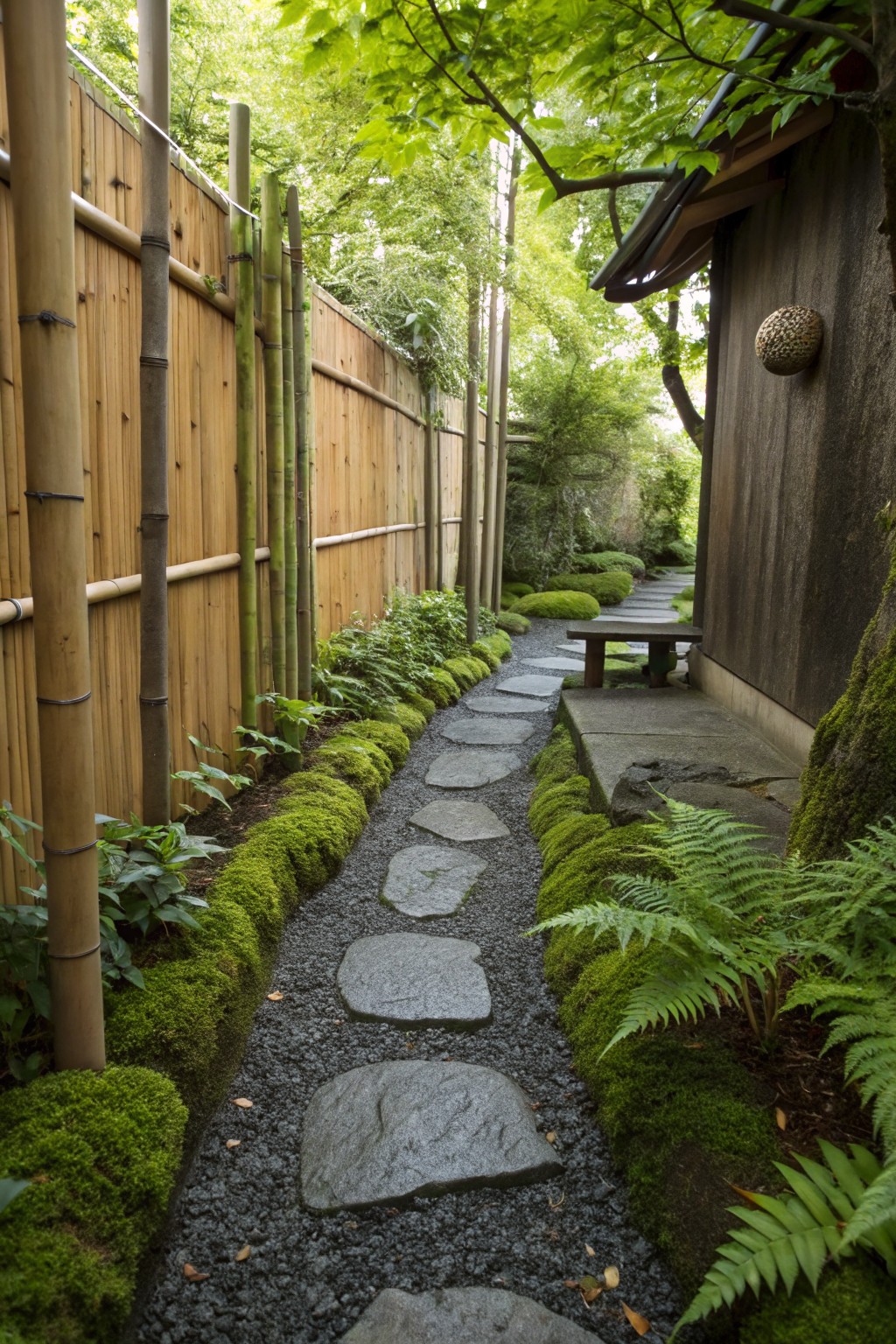 Narrow garden path with irregular dark stepping stones set in black gravel, bordered by green moss, ferns, and plants, flanked by bamboo fences leading to a wooden structure and bench.