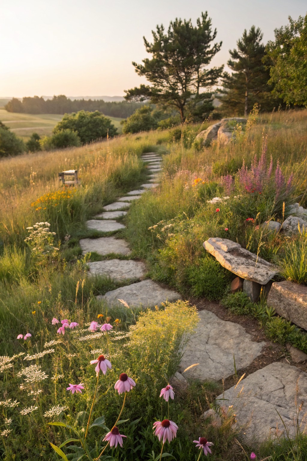 Winding path of irregular flat stone stepping stones through a meadow of tall grasses, pink coneflowers, yellow flowers, and other perennials, with a wooden bench on rocks nearby and pine trees on a hillside in evening light.