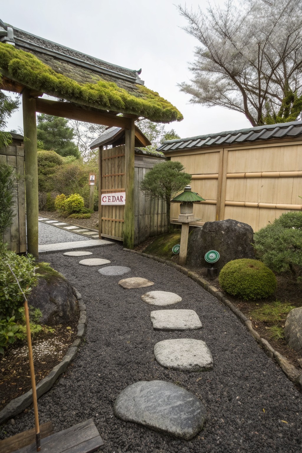 Wooden gate with moss-covered roof at Japanese garden entrance, curved path of irregular stepping stones in dark gravel surrounded by rocks, moss, shrubs, and stone lanterns.