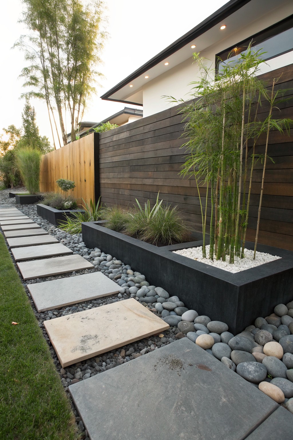 Side yard path with large rectangular concrete stepping stones set into gray river rock gravel, bordered by black rectangular planters containing bamboo and grasses, adjacent to a dark wood fence and white modern house wall.