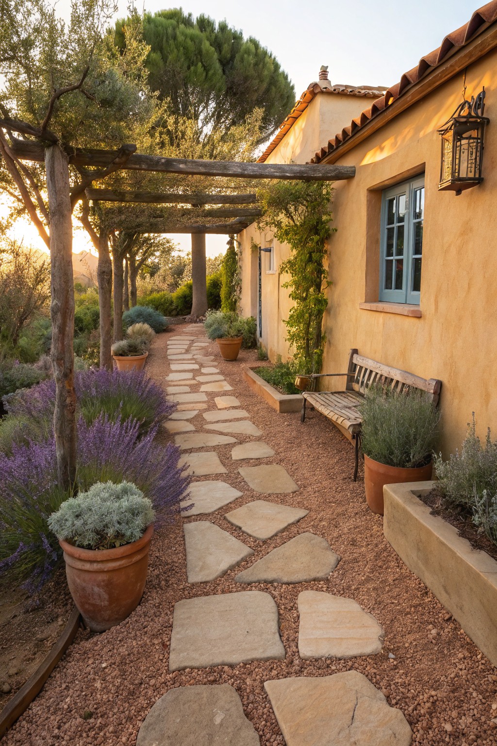 Irregular sandstone stepping stones set into a gravel path lined with lavender plants, silver-leaf bushes, and terracotta pots beside a beige stucco house wall with a wooden bench and climbing vines.