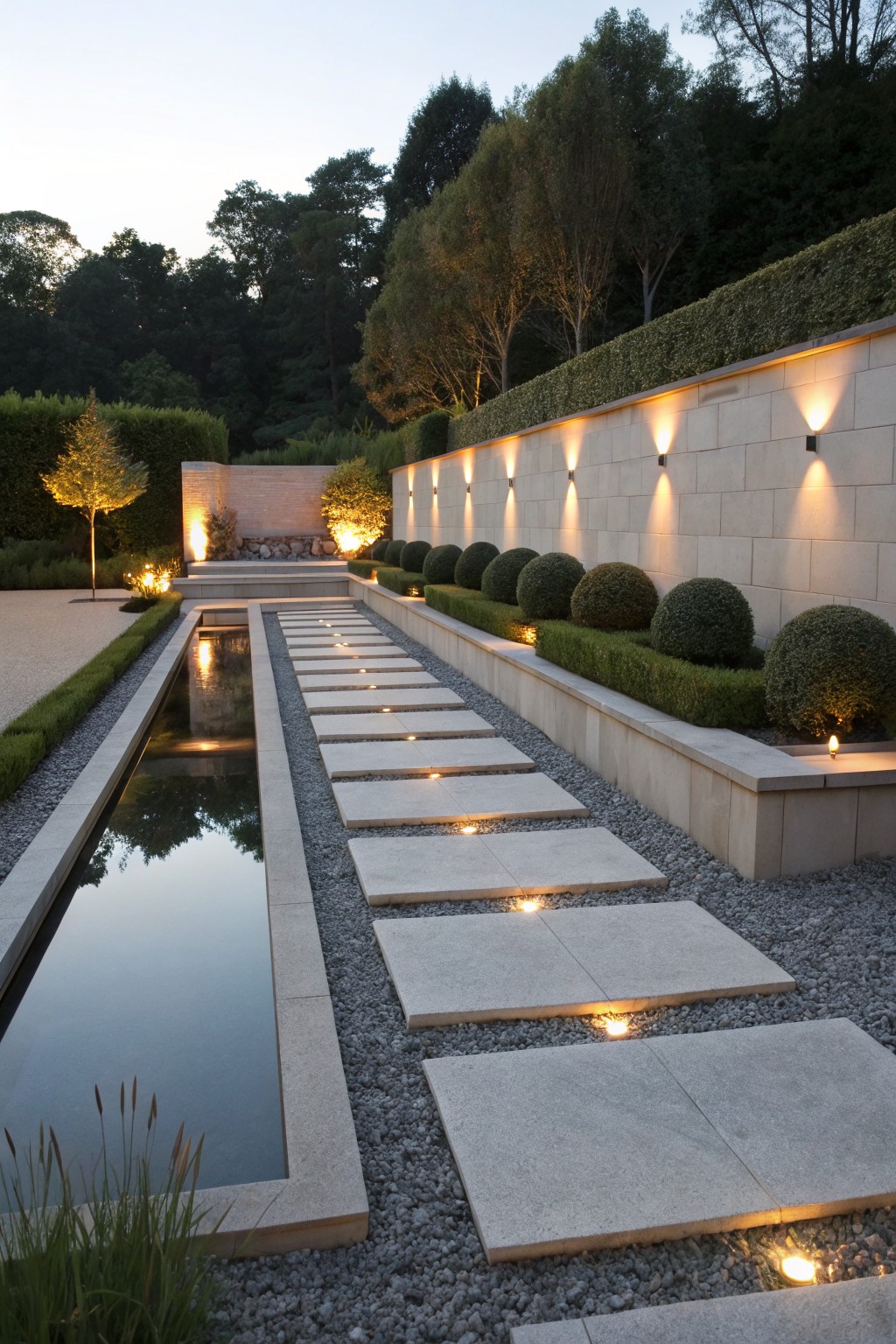 A landscaped garden path of large gray stepping stones with recessed lighting, running parallel to a narrow rectangular reflecting pool edged in stone, surrounded by gravel ground cover, boxwood shrubs, and a lit stone wall.